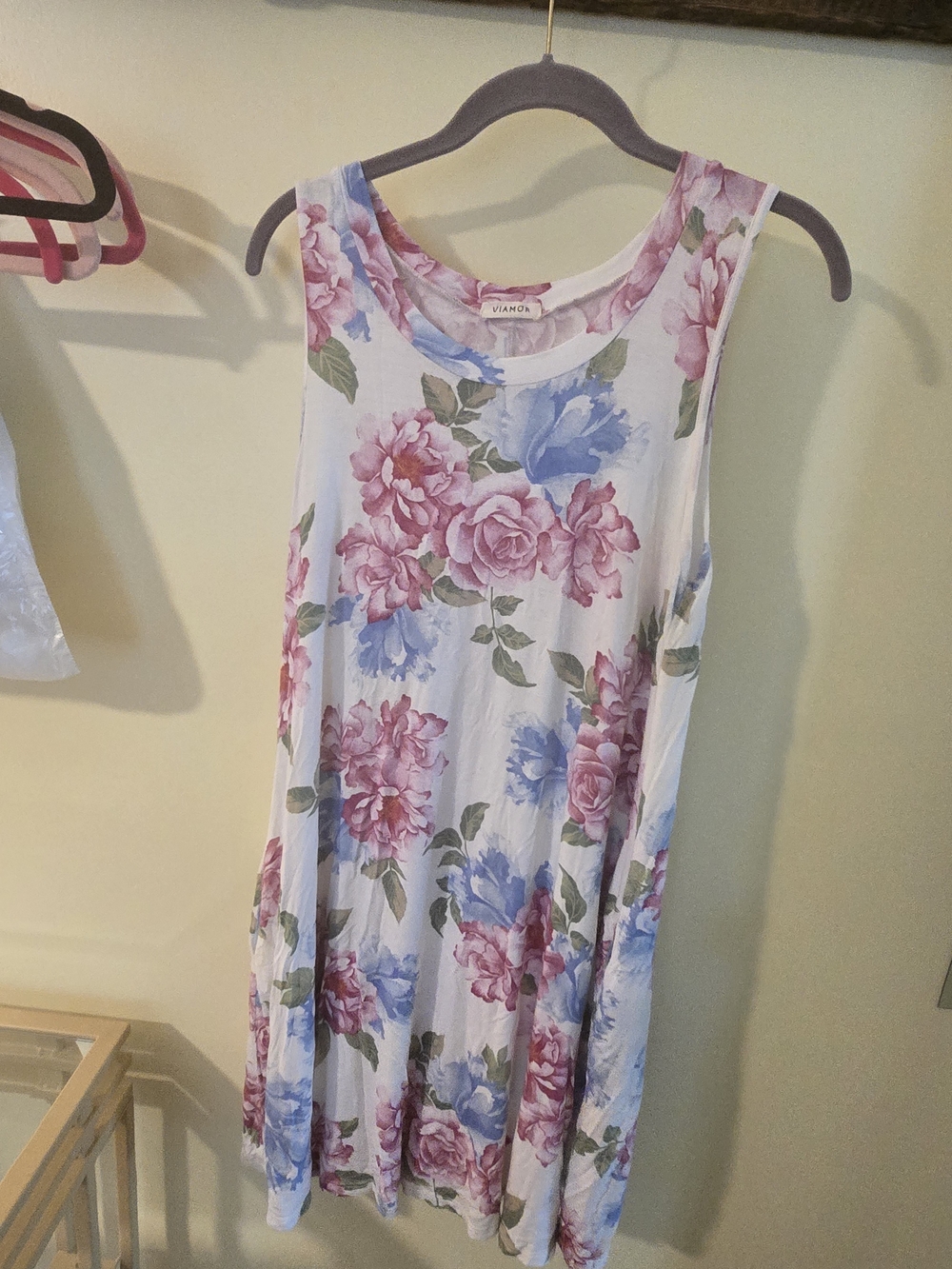 Viamor White Floral Tank Dress with Pink & Blue Blooms